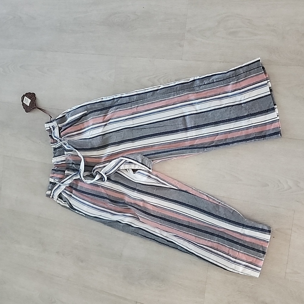 Knox Rose Cropped Paperbag Waist Tie Belt Chambray Wide leg Pants Large Striped